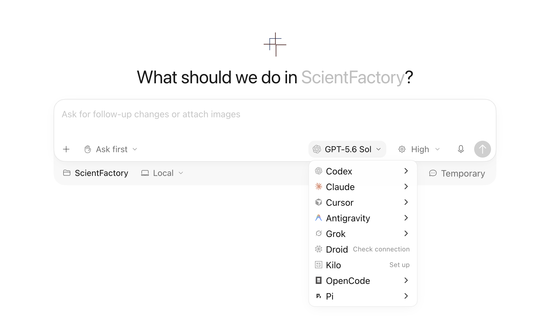 Scient provider menu showing Codex, Claude, Cursor, Antigravity, Grok, Droid, Kilo, OpenCode, and Pi